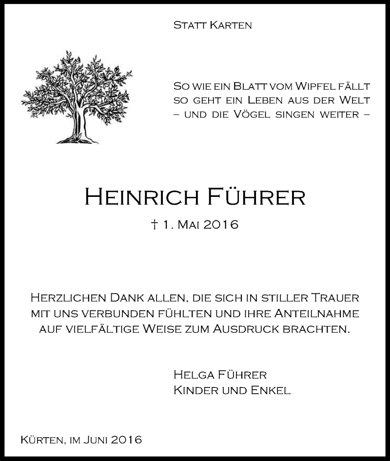  Traueranzeige für Heinrich Führer vom 04.06.2016 aus Kölner Stadt-Anzeiger / Kölnische Rundschau / Express