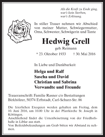 Anzeige von Hedwig Grell von  Werbepost 