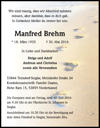 Anzeige von Manfred Brehm von Kölner Stadt-Anzeiger / Kölnische Rundschau / Express