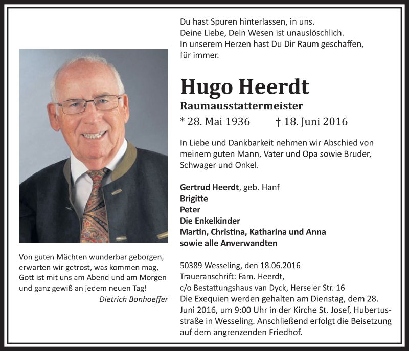  Traueranzeige für Hugo Heerdt vom 22.06.2016 aus  Schlossbote/Werbekurier 