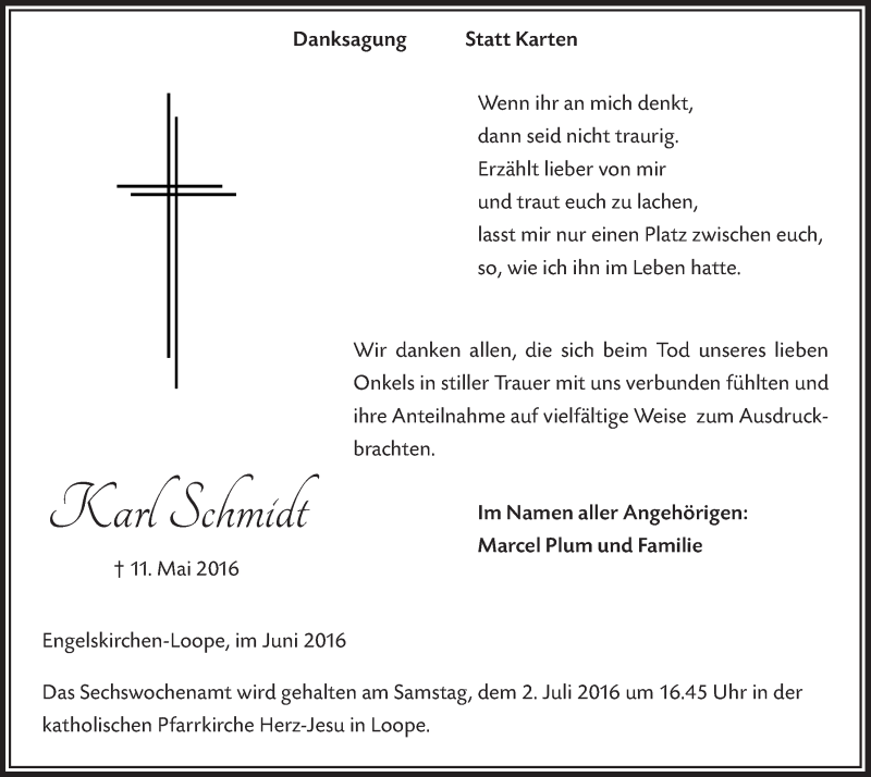  Traueranzeige für Karl Schmidt vom 22.06.2016 aus  Anzeigen Echo 