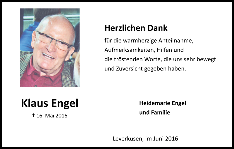  Traueranzeige für Klaus Engel vom 11.06.2016 aus Kölner Stadt-Anzeiger / Kölnische Rundschau / Express