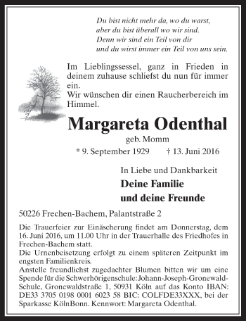 Anzeige von Margareta Odenthal von  Wochenende 