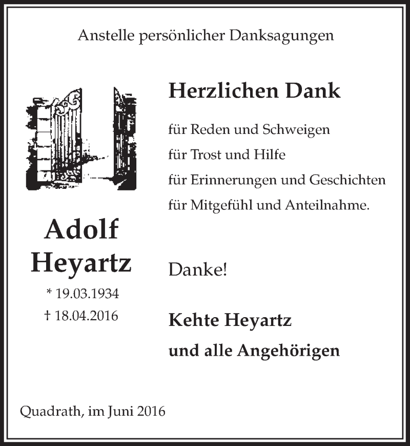  Traueranzeige für Adolf Heyartz vom 11.06.2016 aus  Sonntags-Post 