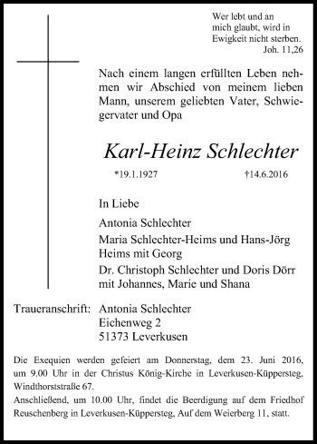Anzeige von Karl-Heinz Schlechter von Kölner Stadt-Anzeiger / Kölnische Rundschau / Express