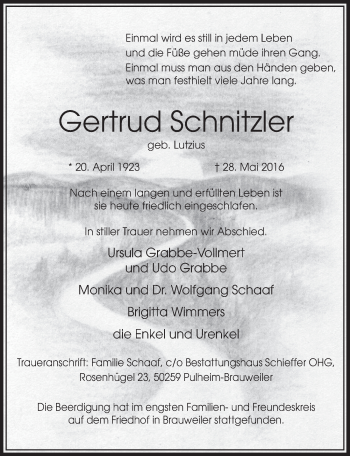 Anzeige von Gertrud Schnitzler von  Sonntags-Post 
