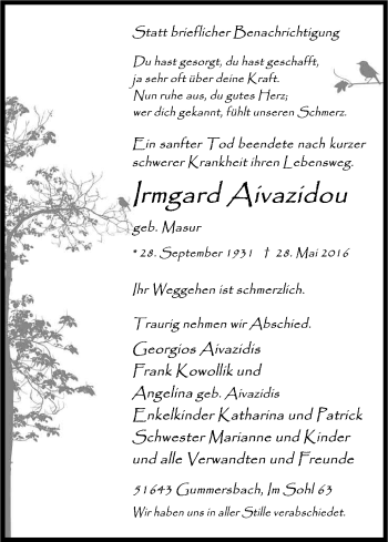 Anzeige von Irmgard Aivazidou von Kölner Stadt-Anzeiger / Kölnische Rundschau / Express
