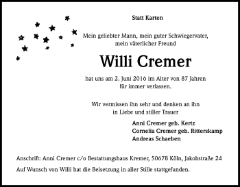 Anzeige von Willi Cremer von Kölner Stadt-Anzeiger / Kölnische Rundschau / Express
