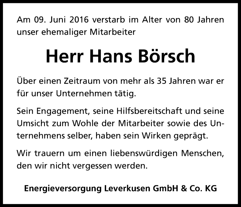  Traueranzeige für Hans Börsch vom 21.06.2016 aus Kölner Stadt-Anzeiger / Kölnische Rundschau / Express