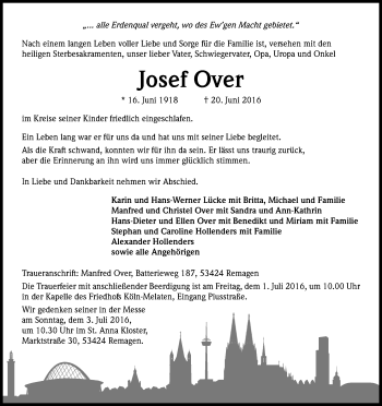 Anzeige von Josef Over von Kölner Stadt-Anzeiger / Kölnische Rundschau / Express