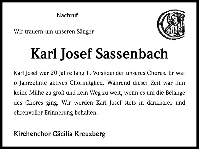  Traueranzeige für Karl Josef Sassenbach vom 16.06.2016 aus Kölner Stadt-Anzeiger / Kölnische Rundschau / Express
