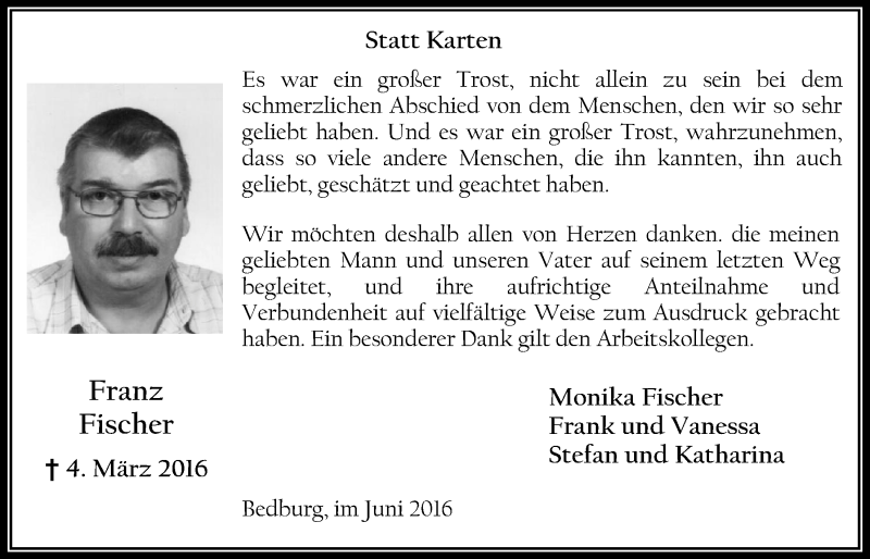  Traueranzeige für Franz Fischer vom 29.06.2016 aus  Werbepost 