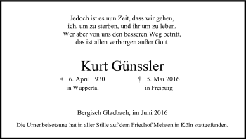 Anzeige von Kurt Günssler von Kölner Stadt-Anzeiger / Kölnische Rundschau / Express