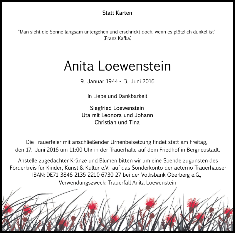  Traueranzeige für Anita Loewenstein vom 11.06.2016 aus Kölner Stadt-Anzeiger / Kölnische Rundschau / Express