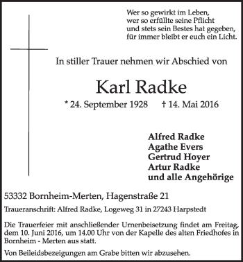 Anzeige von Karl Radke von  Schlossbote/Werbekurier 