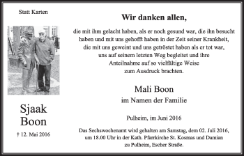 Anzeige von Sjaak Boon von  Sonntags-Post 