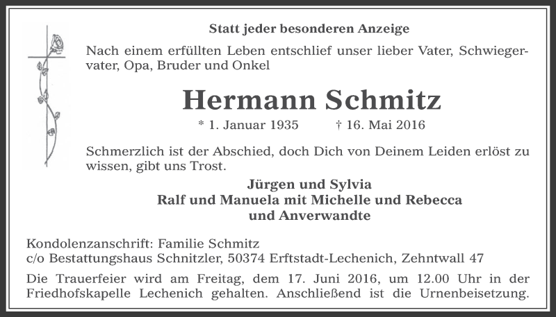  Traueranzeige für Hermann Schmitz vom 08.06.2016 aus  Werbepost 