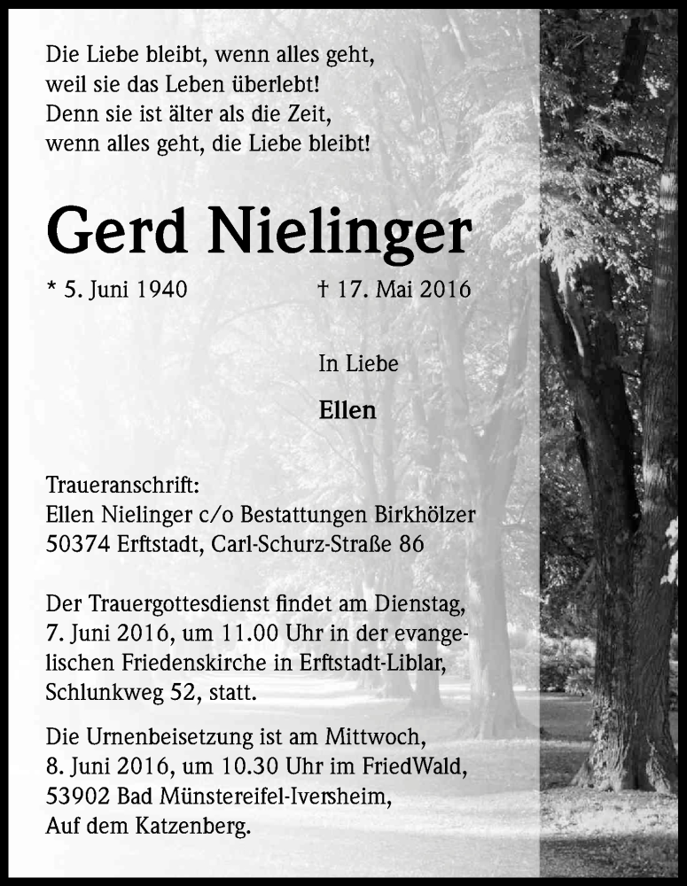  Traueranzeige für Gerd Nielinger vom 04.06.2016 aus Kölner Stadt-Anzeiger / Kölnische Rundschau / Express