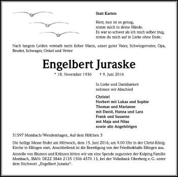 Anzeige von Engelbert Juraske von Kölner Stadt-Anzeiger / Kölnische Rundschau / Express