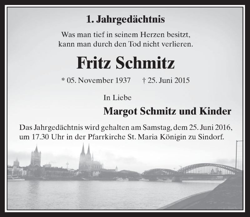  Traueranzeige für Fritz Schmitz vom 22.06.2016 aus  Werbepost 