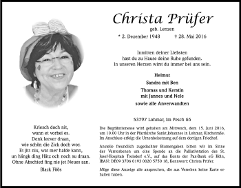 Anzeige von Christa Prüfer von Kölner Stadt-Anzeiger / Kölnische Rundschau / Express