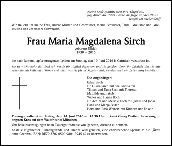 Anzeige von Maria Magdalena Sirch von Kölner Stadt-Anzeiger / Kölnische Rundschau / Express