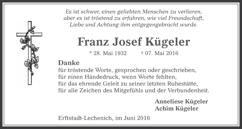  Traueranzeige für Franz Josef Kügeler vom 08.06.2016 aus  Werbepost 