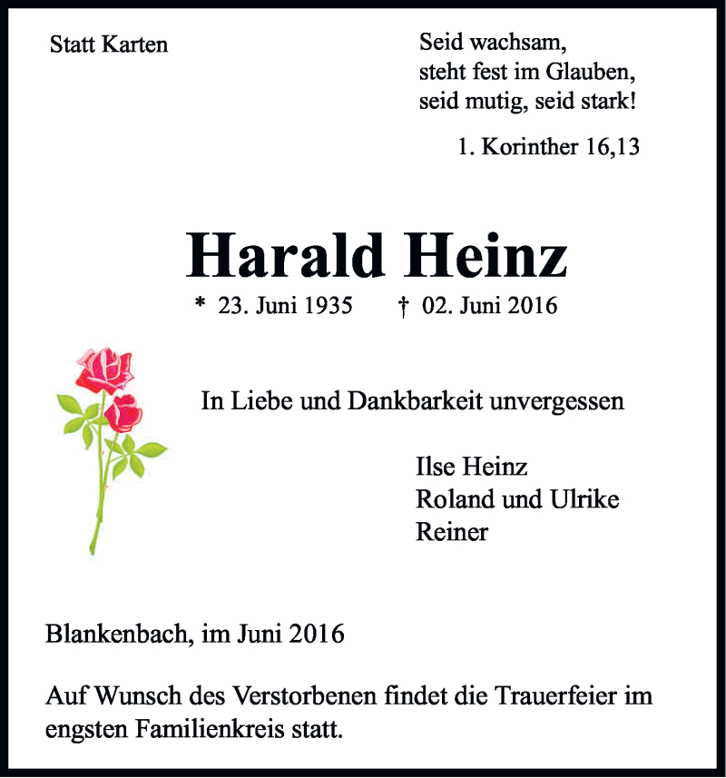  Traueranzeige für Harald Heinz vom 07.06.2016 aus Kölner Stadt-Anzeiger / Kölnische Rundschau / Express