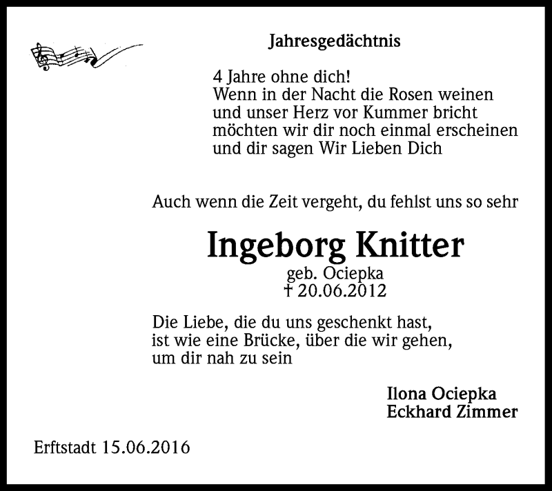  Traueranzeige für Ingeborg Knitter vom 20.06.2016 aus Kölner Stadt-Anzeiger / Kölnische Rundschau / Express
