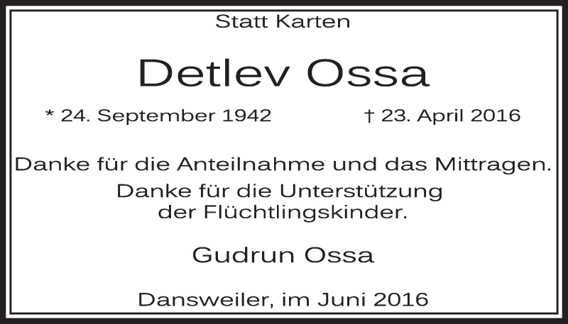  Traueranzeige für Detlev Ossa vom 25.06.2016 aus  Sonntags-Post 