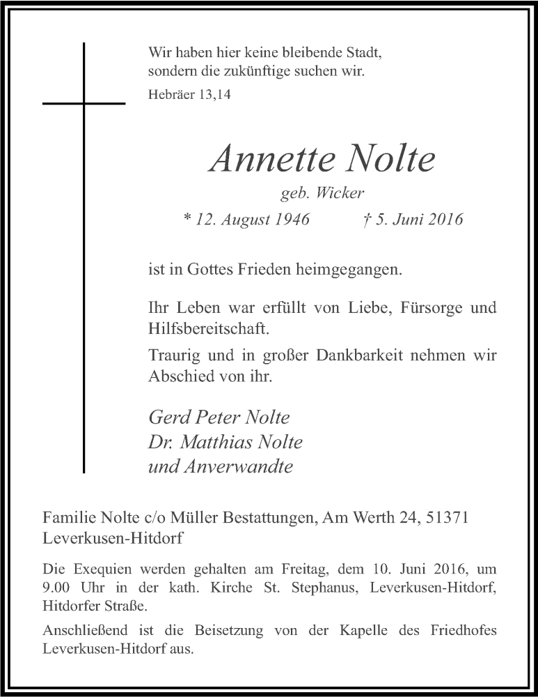  Traueranzeige für Annette Nolte vom 08.06.2016 aus Kölner Stadt-Anzeiger / Kölnische Rundschau / Express