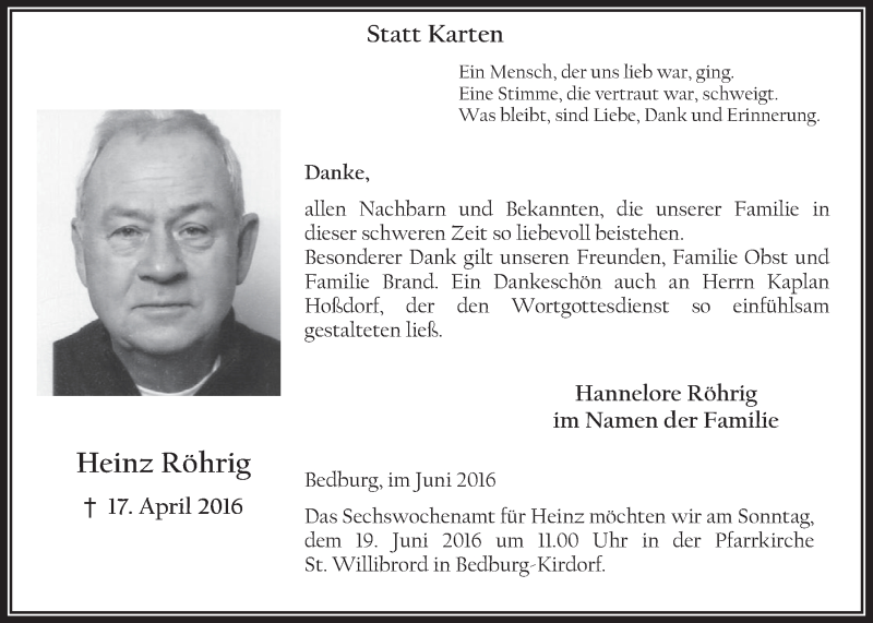  Traueranzeige für Heinz Röhrig vom 15.06.2016 aus  Werbepost 