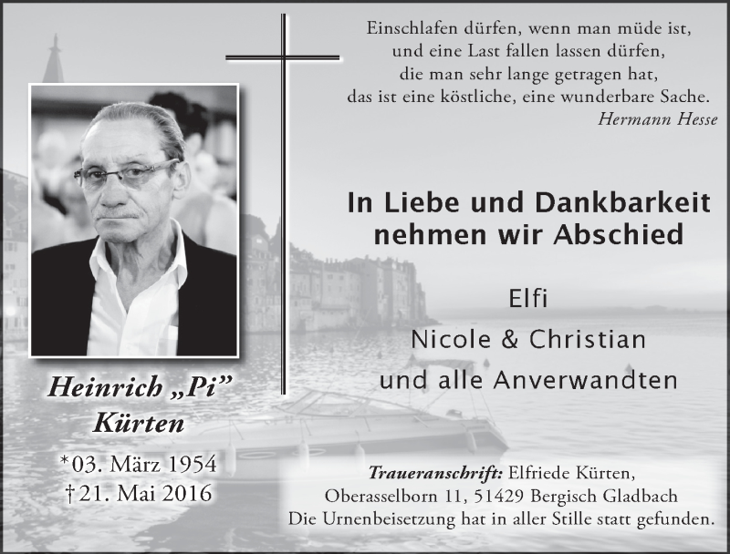  Traueranzeige für Heinrich Kürten vom 15.06.2016 aus  Bergisches Handelsblatt 