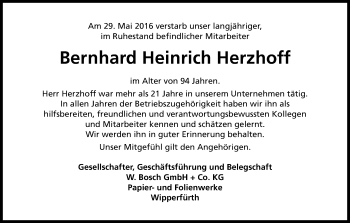 Anzeige von Bernhard Heinrich Herzhoff von Kölner Stadt-Anzeiger / Kölnische Rundschau / Express