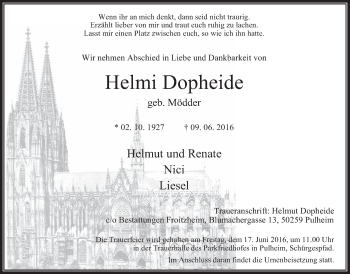 Anzeige von Helmi Dopheide von  Wochenende 