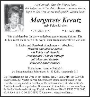 Anzeige von Margarete Kreutz von  Kölner Wochenspiegel 