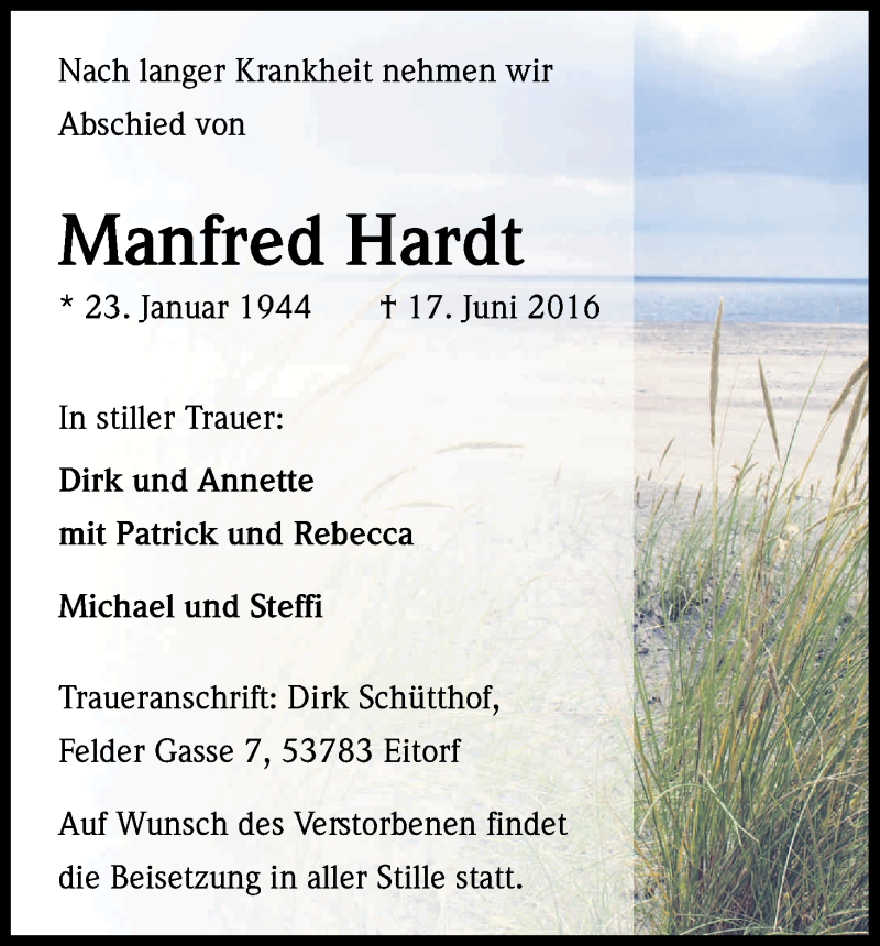  Traueranzeige für Manfred Hardt vom 25.06.2016 aus Kölner Stadt-Anzeiger / Kölnische Rundschau / Express