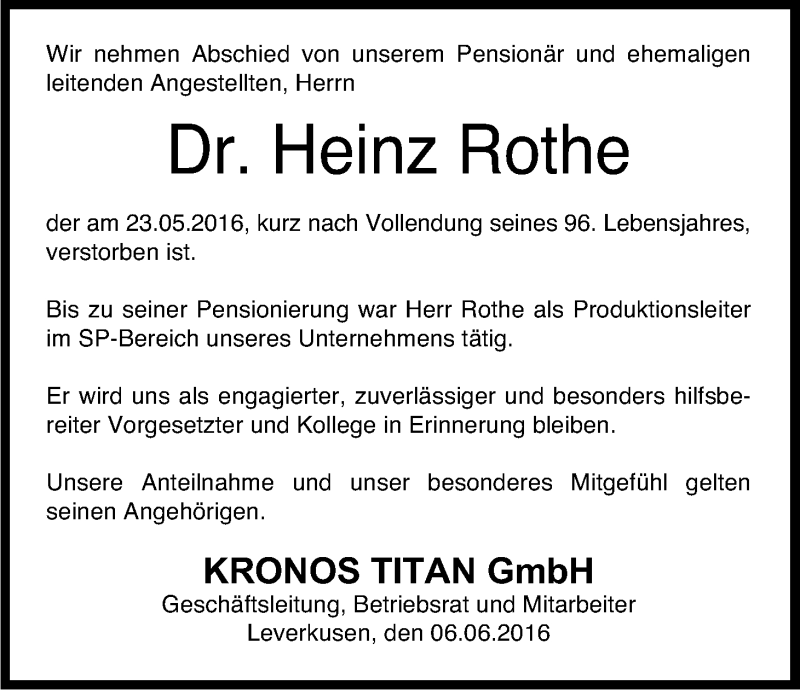  Traueranzeige für Heinz Rothe vom 06.06.2016 aus Kölner Stadt-Anzeiger / Kölnische Rundschau / Express