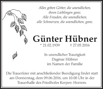 Anzeige von Günter Hübner von  Sonntags-Post 