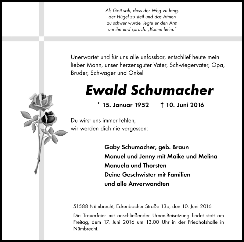  Traueranzeige für Ewald Schumacher vom 15.06.2016 aus Kölner Stadt-Anzeiger / Kölnische Rundschau / Express