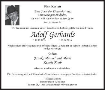 Anzeige von Adolf Gerhards von  Wochenende 
