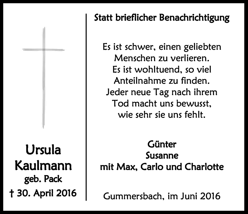  Traueranzeige für Ursula Kaulmann vom 18.06.2016 aus Kölner Stadt-Anzeiger / Kölnische Rundschau / Express
