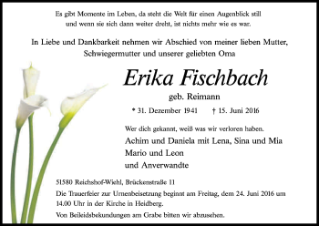 Anzeige von Erika Fischbach von Kölner Stadt-Anzeiger / Kölnische Rundschau / Express