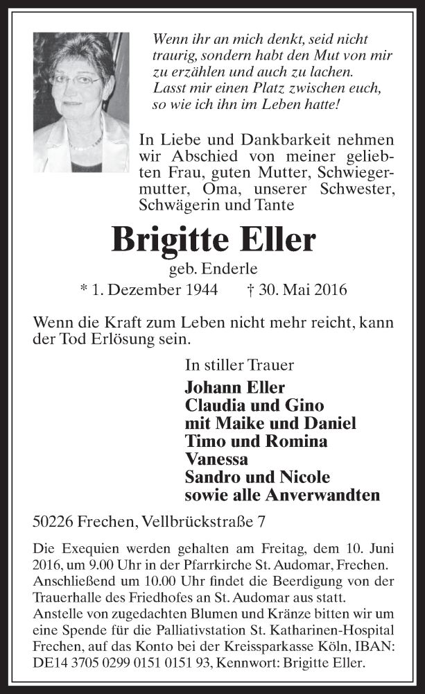  Traueranzeige für Brigitte Eller vom 08.06.2016 aus  Wochenende 