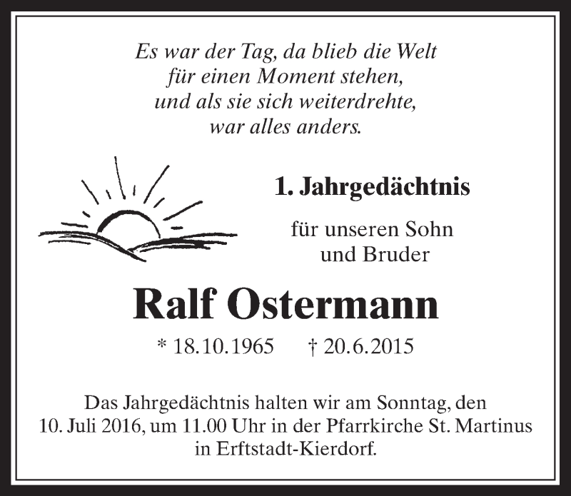  Traueranzeige für Ralf Ostermann vom 29.06.2016 aus  Werbepost 