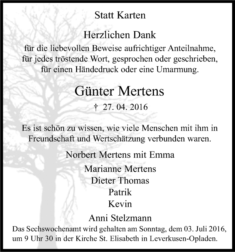  Traueranzeige für Günter Mertens vom 25.06.2016 aus Kölner Stadt-Anzeiger / Kölnische Rundschau / Express