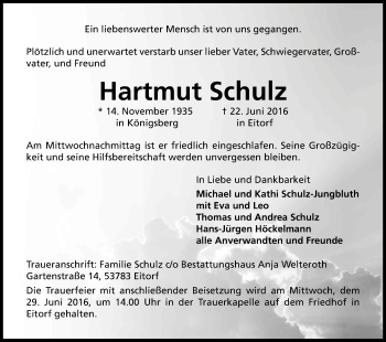 Anzeige von Helmut Schulz von Kölner Stadt-Anzeiger / Kölnische Rundschau / Express