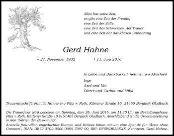 Anzeige von Gerd Hahne von Kölner Stadt-Anzeiger / Kölnische Rundschau / Express
