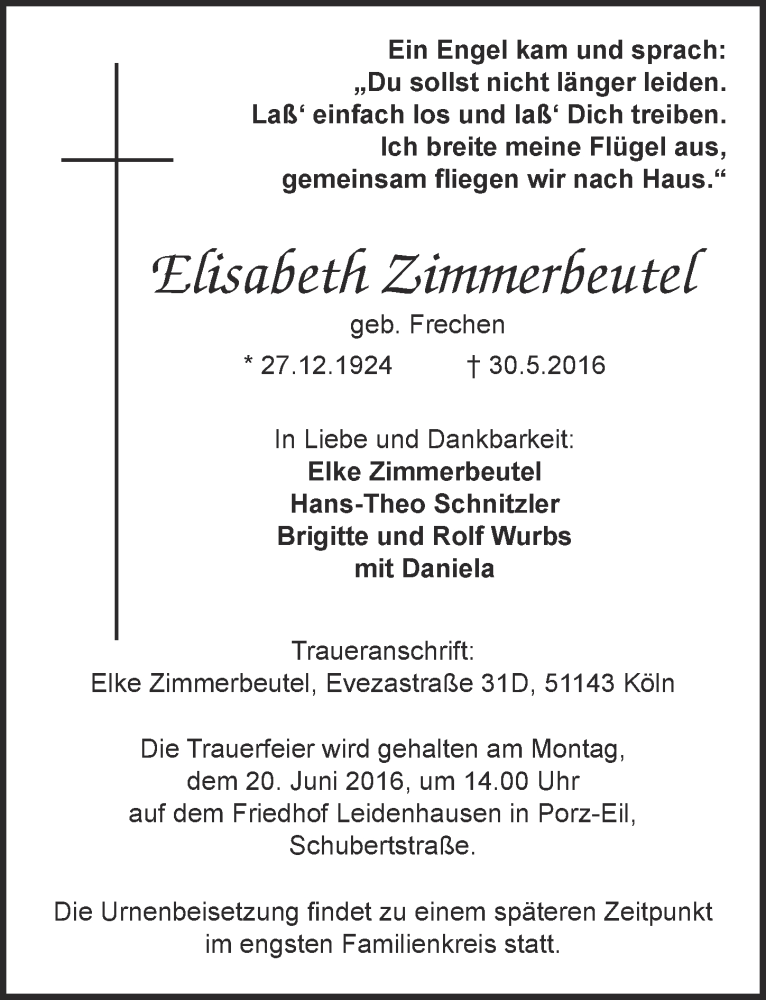  Traueranzeige für Elisabeth Zimmerbeutel vom 08.06.2016 aus  Kölner Wochenspiegel 