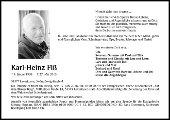Anzeige von Karl-Heinz Fiß von Kölner Stadt-Anzeiger / Kölnische Rundschau / Express
